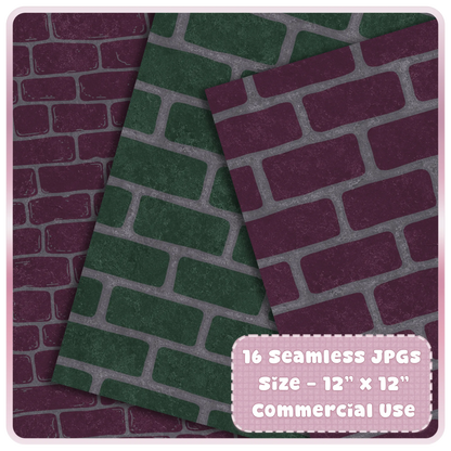 Preview of 16 seamless witchy ruins JPG digital papers featuring gothic brick textures in dark green and plum purple for commercial craft use