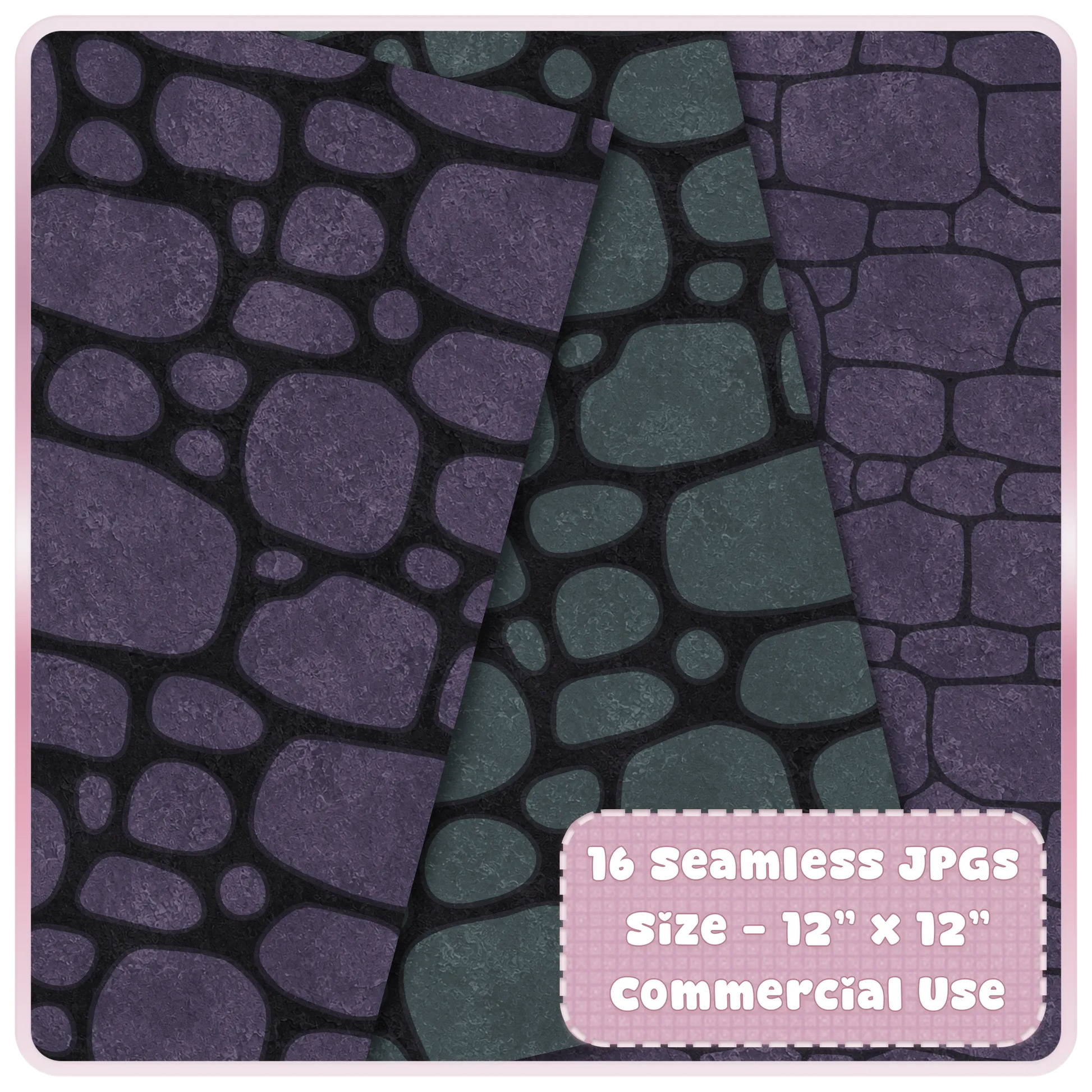 Seamless witchy stone pattern digital paper preview with purple and smoky teal cobblestone textures for gothic fantasy designs
