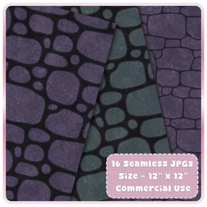 Seamless witchy stone pattern digital paper preview with purple and smoky teal cobblestone textures for gothic fantasy designs