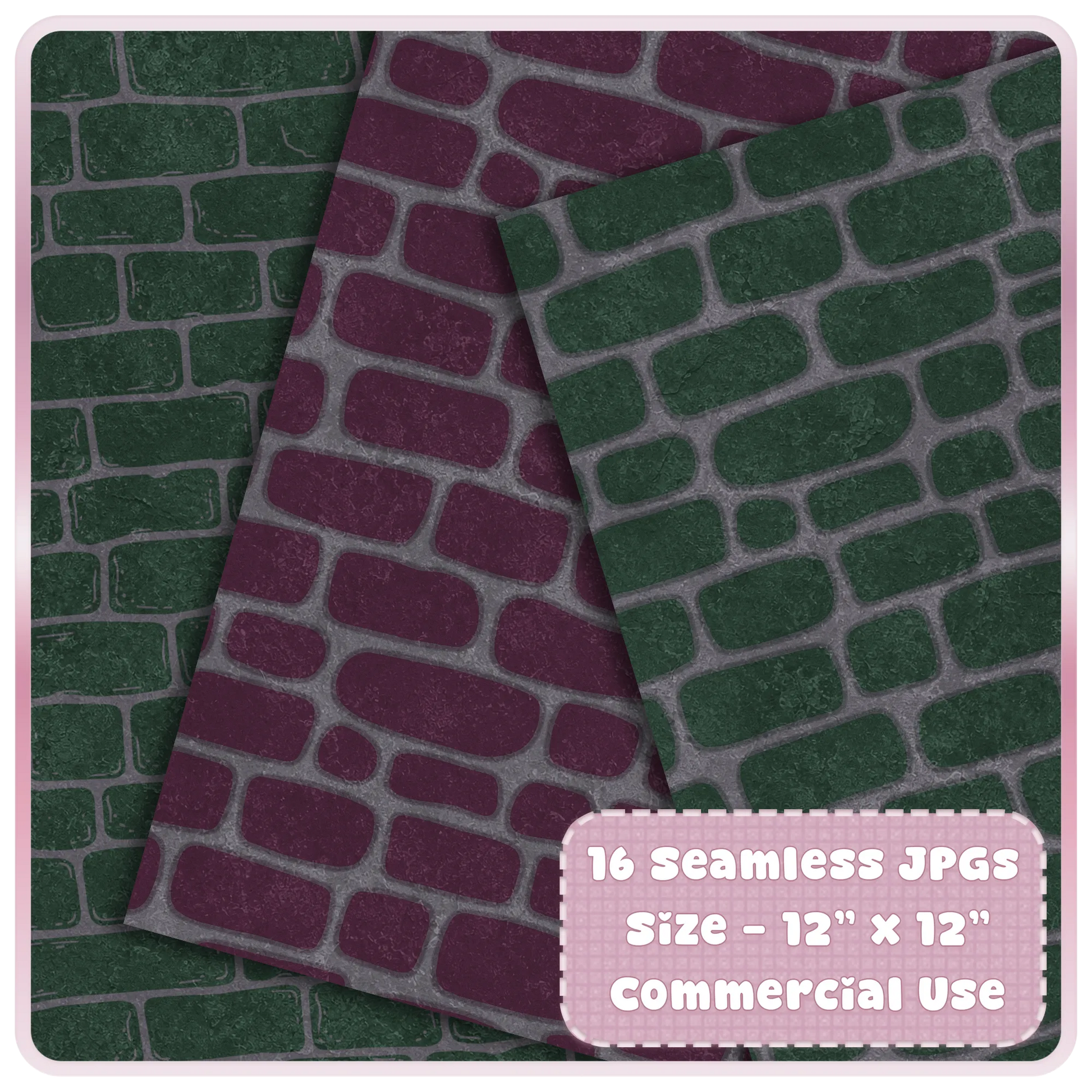 Witchy ruins seamless brick digital paper preview with dark green and plum stone wall patterns for scrapbooking and printable crafts