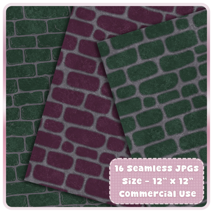 Witchy ruins seamless brick digital paper preview with dark green and plum stone wall patterns for scrapbooking and printable crafts
