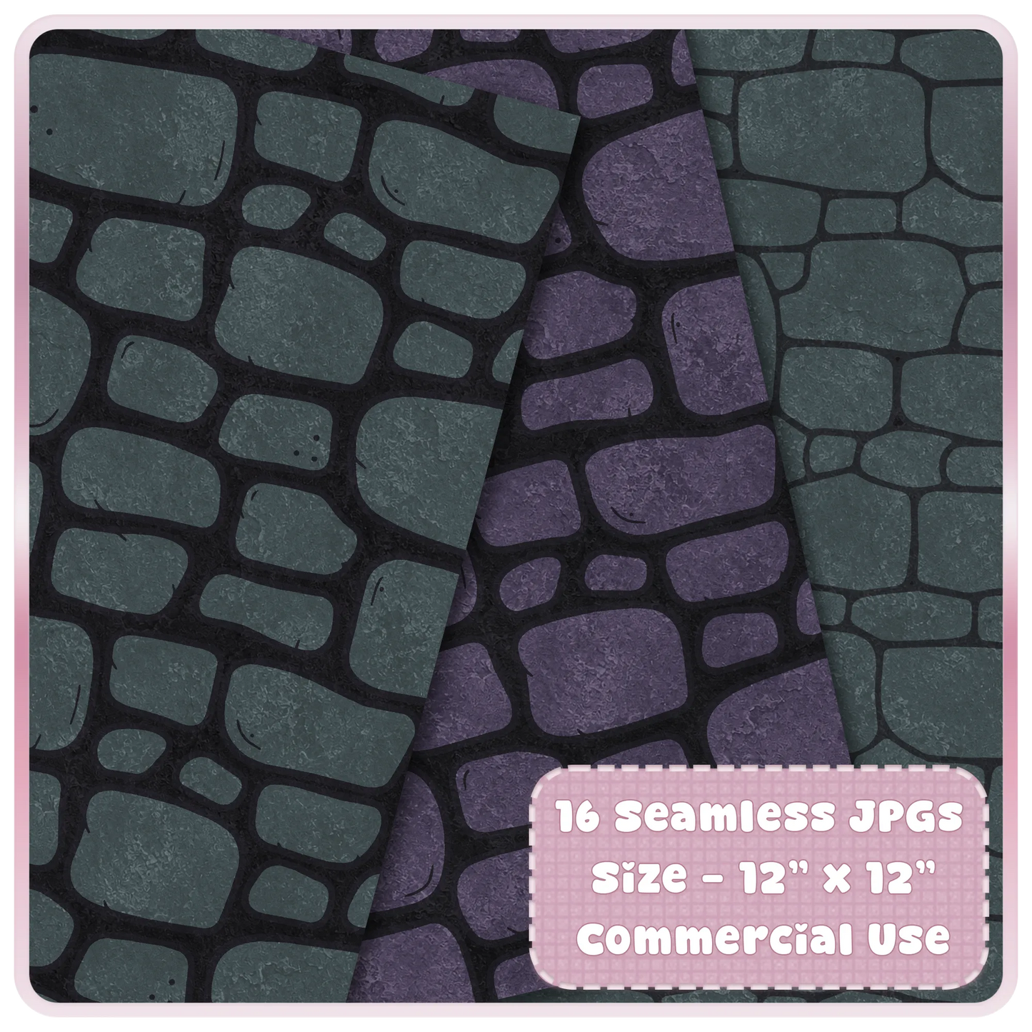 Gothic cobblestone seamless digital paper preview in smoky teal and muted purple for witchy fantasy backgrounds and commercial projects
