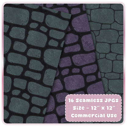 Gothic cobblestone seamless digital paper preview in smoky teal and muted purple for witchy fantasy backgrounds and commercial projects