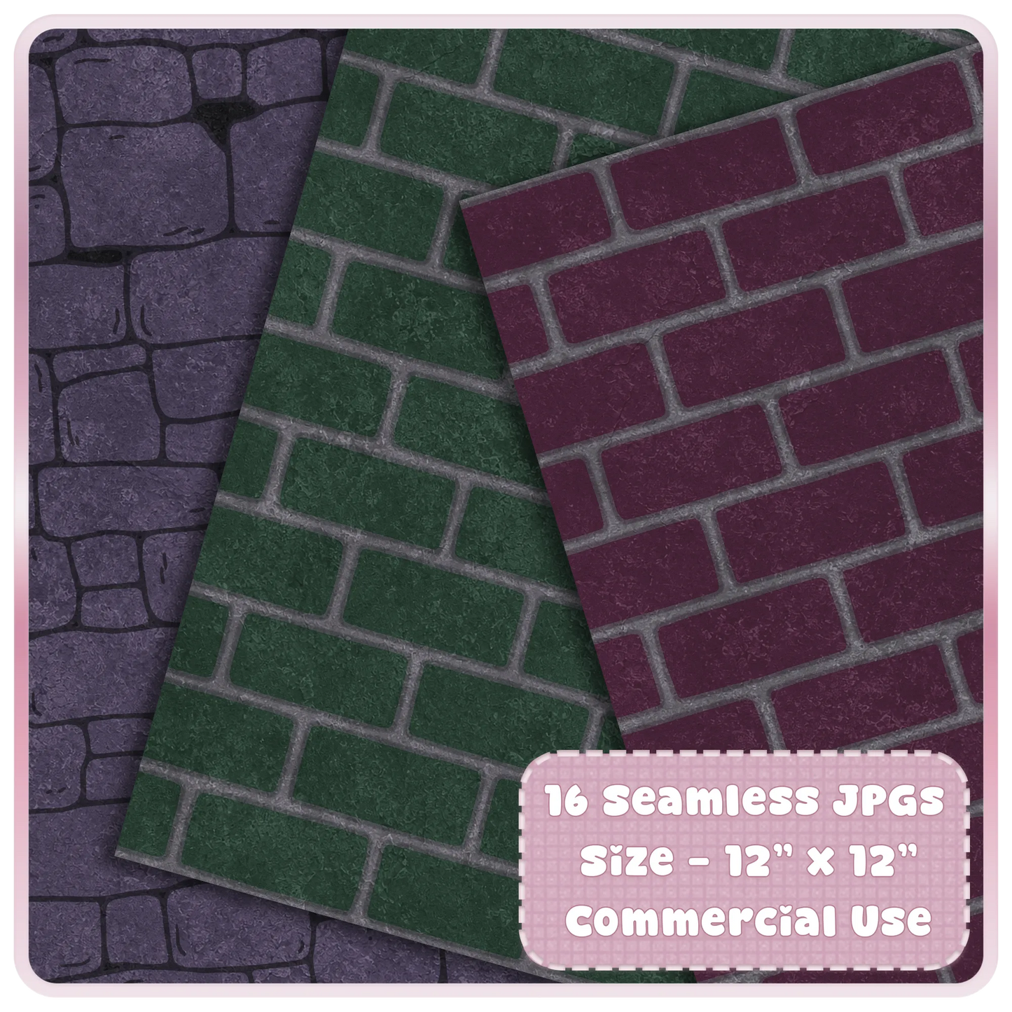 Dark fairytale seamless brick pattern digital paper preview with green and burgundy gothic stone textures for journals and sublimation