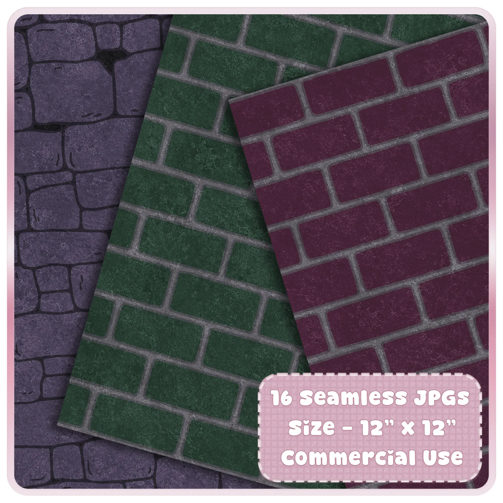 Dark fairytale seamless brick pattern digital paper preview with green and burgundy gothic stone textures for journals and sublimation