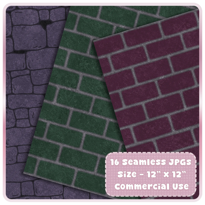 Dark fairytale seamless brick pattern digital paper preview with green and burgundy gothic stone textures for journals and sublimation