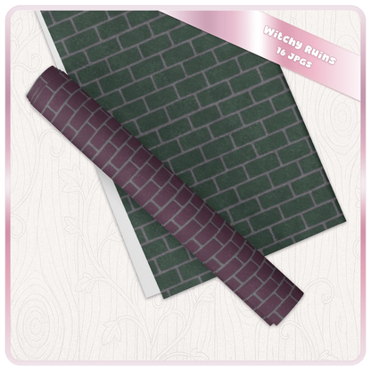Witchy ruins digital paper mockup showing seamless green brick texture and purple brick strip for gothic craft and design projects