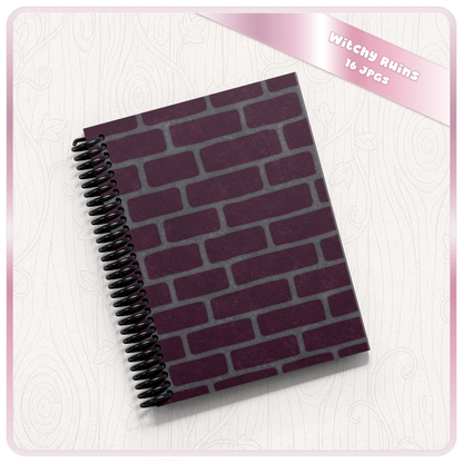 Spiral notebook mockup featuring plum purple seamless brick digital paper from a witchy ruins gothic pattern bundle