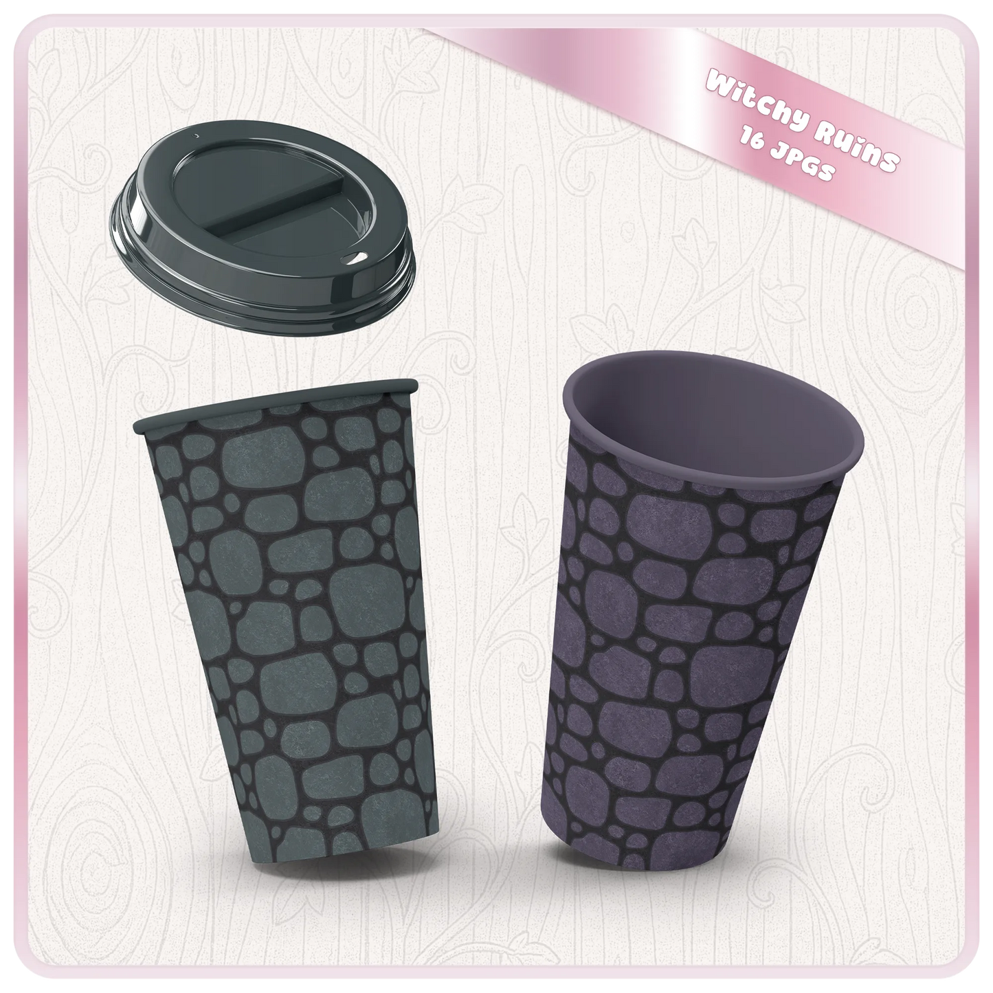 Paper cup mockup with witchy seamless stone patterns in smoky teal and purple, perfect for gothic sublimation and fantasy product designs