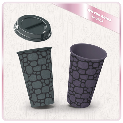 Paper cup mockup with witchy seamless stone patterns in smoky teal and purple, perfect for gothic sublimation and fantasy product designs