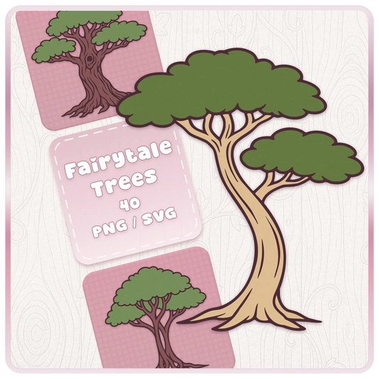 Fairytale Wonderland Trees SVG and PNG bundle cover featuring a large whimsical green tree with a curved trunk, soft woodland background, and pink digital download labels.