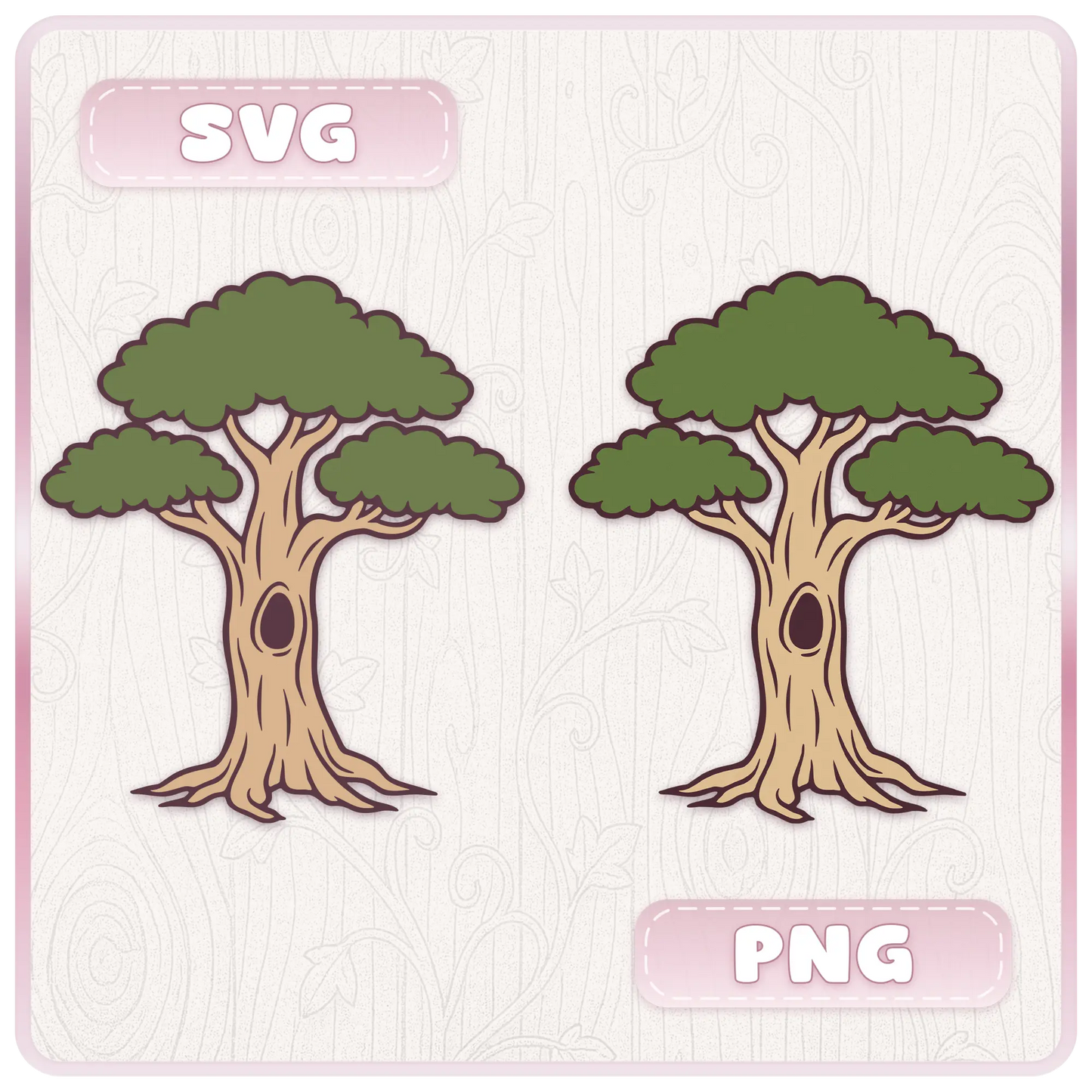 Fairytale Wonderland Trees file format preview showing two whimsical tree designs with green leafy canopies, SVG and PNG labels, and cutting machine friendly artwork.