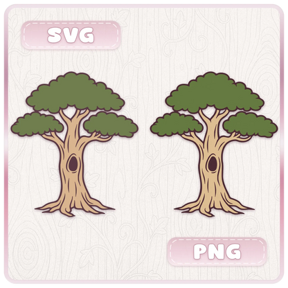 Fairytale Wonderland Trees file format preview showing two whimsical tree designs with green leafy canopies, SVG and PNG labels, and cutting machine friendly artwork.