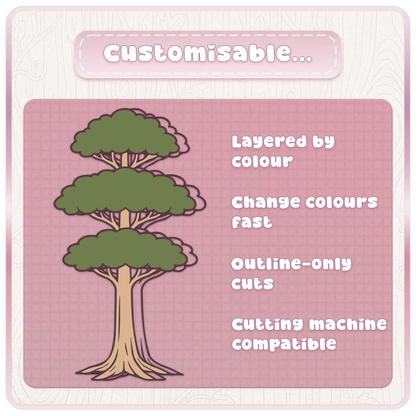 Customisable Fairytale Wonderland Trees SVG preview showing layered tree clipart with editable colours, outline-only cuts, and cutting machine compatible design features.