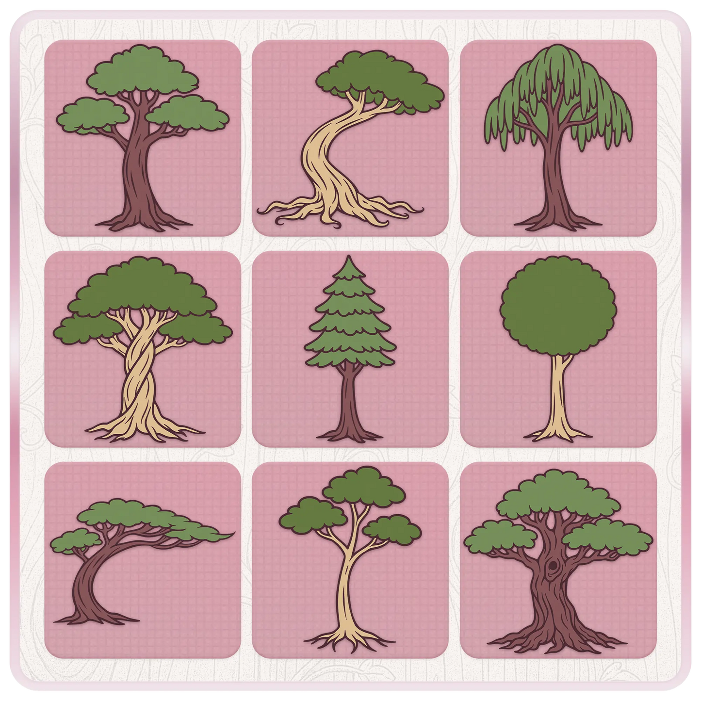 Wonderland tree clipart preview sheet featuring nine whimsical fantasy tree SVG designs with green leaves, curved trunks, pine tree, willow tree, and storybook woodland styles.