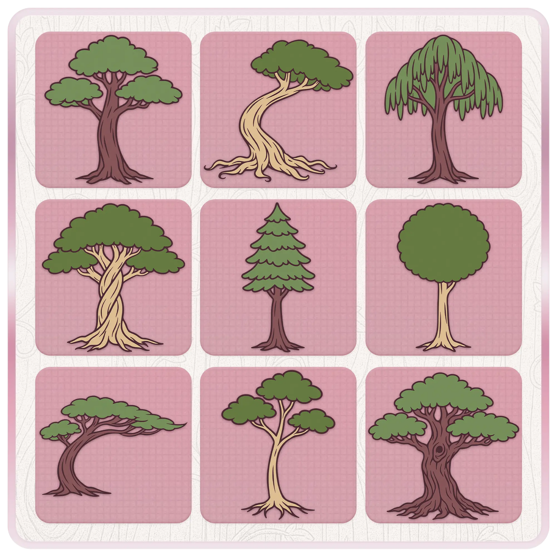 Wonderland tree clipart preview sheet featuring nine whimsical fantasy tree SVG designs with green leaves, curved trunks, pine tree, willow tree, and storybook woodland styles.