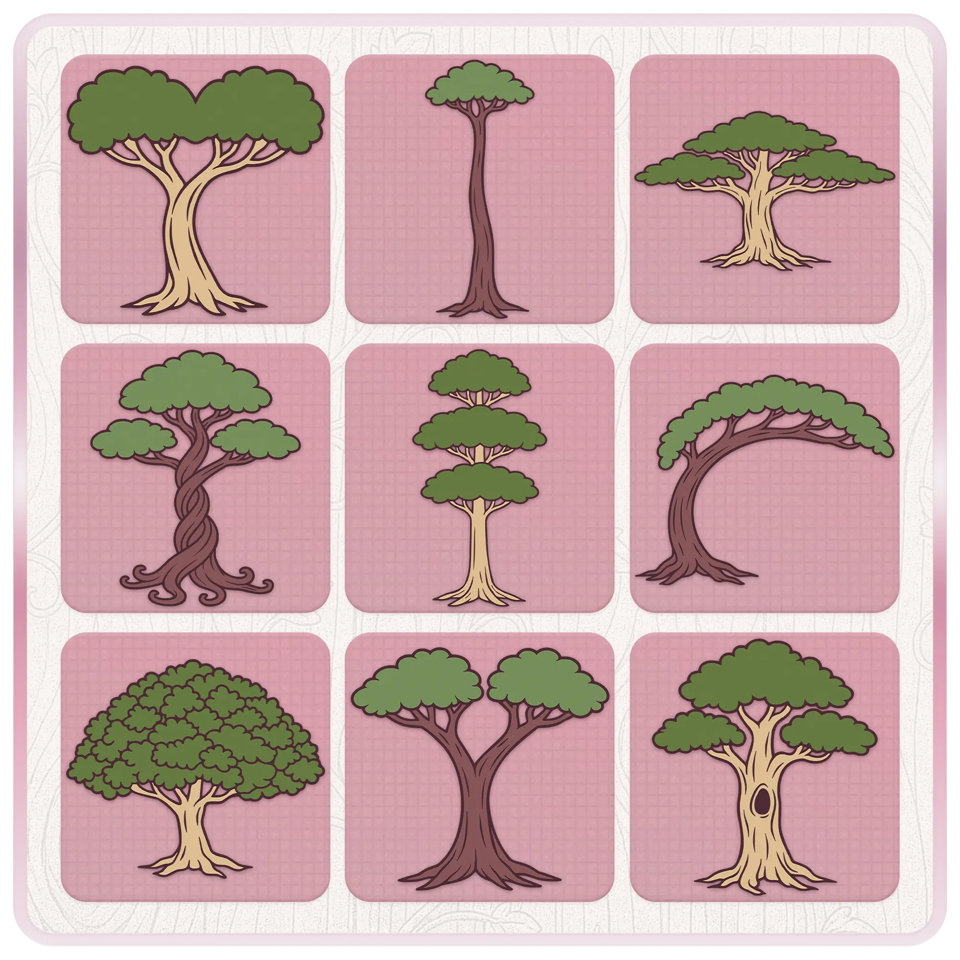 Fairytale Wonderland Trees SVG and PNG preview showing nine assorted enchanted forest tree illustrations for Cricut crafts, stickers, printables, and digital designs.