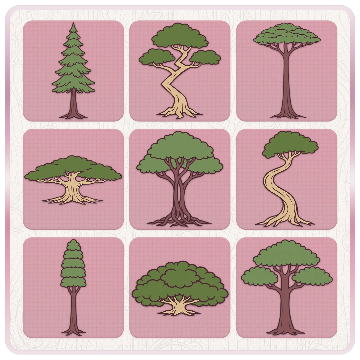 Whimsical wonderland tree clipart collection featuring pine trees, curved fantasy trees, leafy woodland trees, and magical forest SVG designs on pink preview cards.