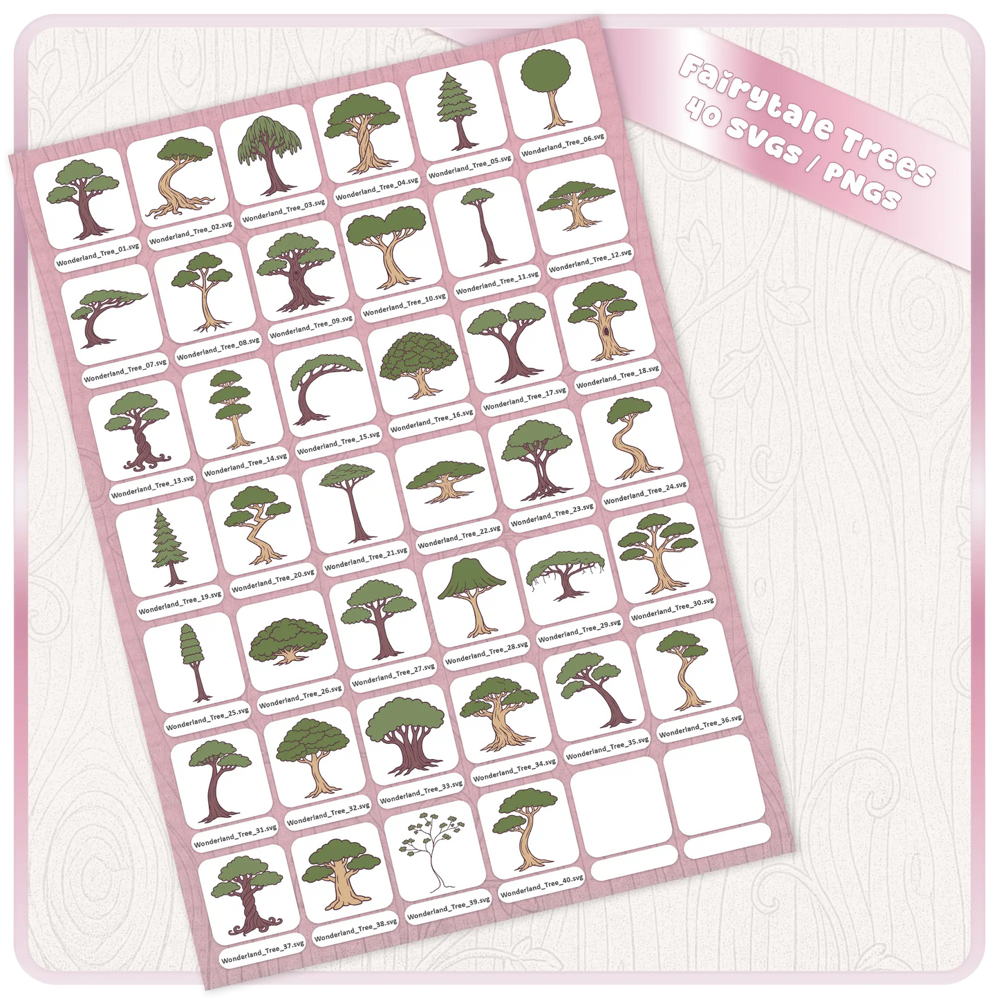 Full preview sheet of Fairytale Wonderland Trees 40 SVG and PNG digital download bundle with assorted whimsical tree clipart files for fantasy crafts and printables.