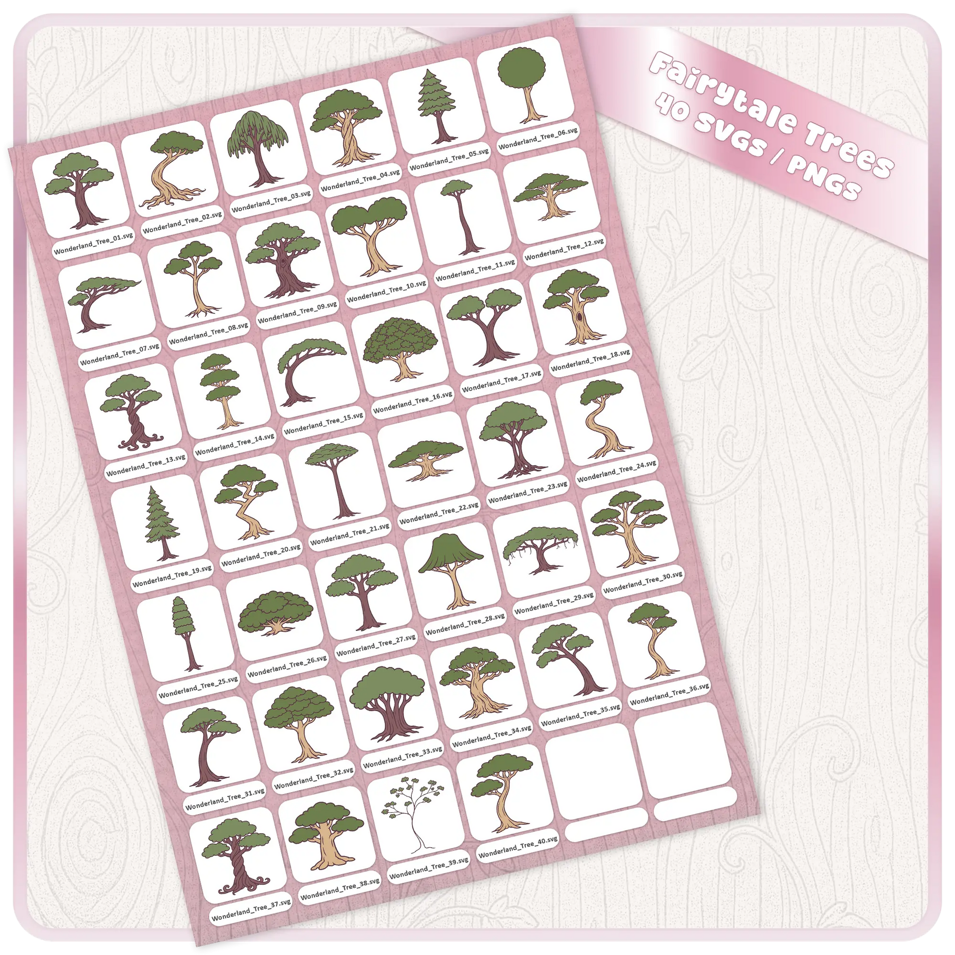 Full preview sheet of Fairytale Wonderland Trees 40 SVG and PNG digital download bundle with assorted whimsical tree clipart files for fantasy crafts and printables.
