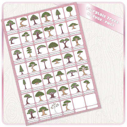Full preview sheet of Fairytale Wonderland Trees 40 SVG and PNG digital download bundle with assorted whimsical tree clipart files for fantasy crafts and printables.