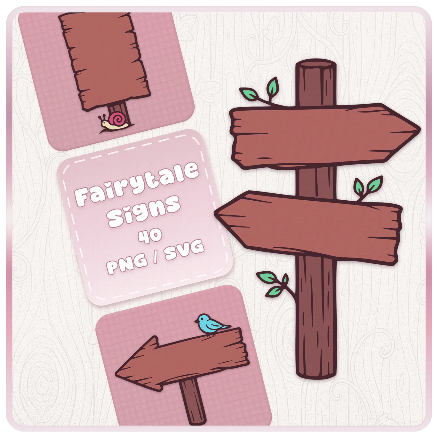 Fairytale Wonderland Wooden Signs SVG and PNG bundle cover featuring whimsical pink wooden signposts, blank rustic arrows, snail detail, bird clipart, and fantasy craft graphics.