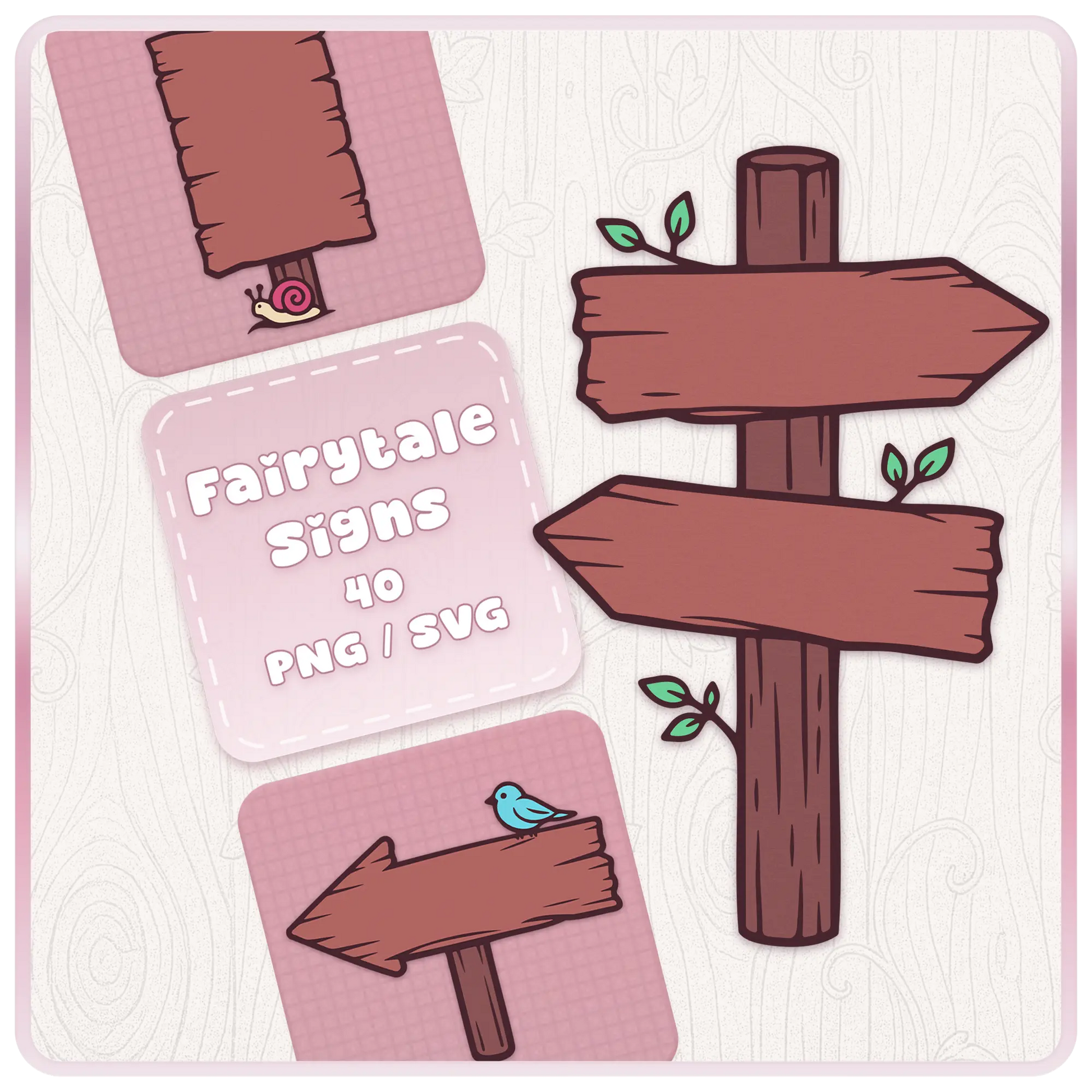 Fairytale Wonderland Wooden Signs SVG and PNG bundle cover featuring whimsical pink wooden signposts, blank rustic arrows, snail detail, bird clipart, and fantasy craft graphics.