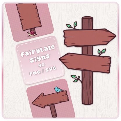 Fairytale Wonderland Wooden Signs SVG and PNG bundle cover featuring whimsical pink wooden signposts, blank rustic arrows, snail detail, bird clipart, and fantasy craft graphics.