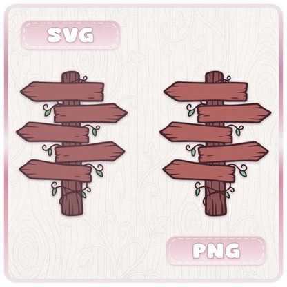 Wonderland wooden sign SVG and PNG preview showing two multi-directional rustic signposts with pink wood planks, green leaves, vines, and layered cut file designs.
