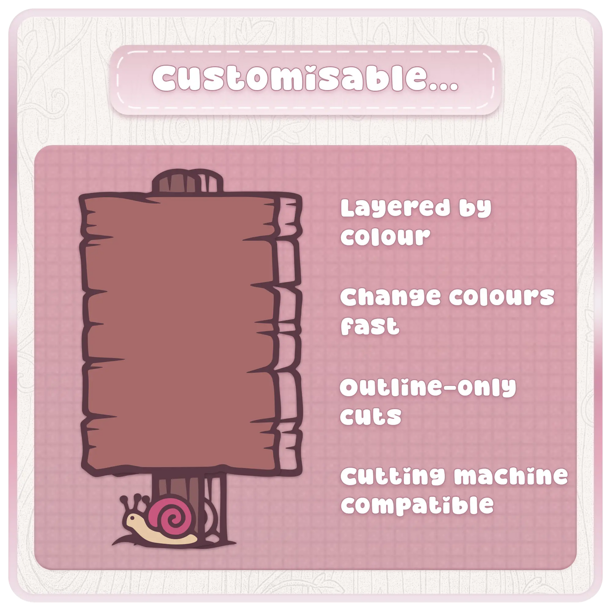 Customizable Fairytale Wonderland wooden sign SVG preview with layered colours, fast colour editing, outline-only cuts, and cutting machine compatible clipart.