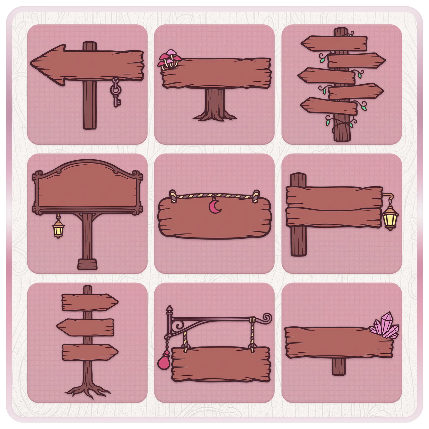 Fairytale Wonderland wooden sign clipart preview featuring rustic arrows, hanging signs, lanterns, crystals, mushrooms, vines, moon charm, and magical signpost designs.