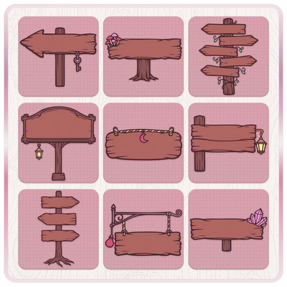 Fairytale Wonderland wooden sign clipart preview featuring rustic arrows, hanging signs, lanterns, crystals, mushrooms, vines, moon charm, and magical signpost designs.