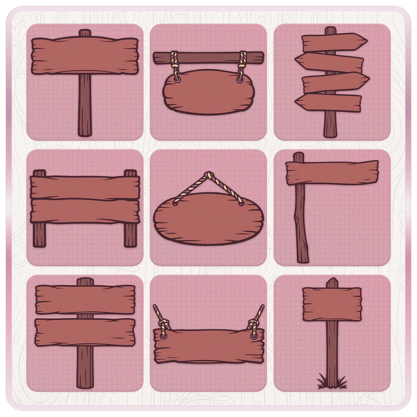 Rustic Wonderland wooden sign SVG bundle preview featuring blank signposts, hanging wooden plaques, arrow signs, double plank signs, and simple cut-friendly wood sign designs.