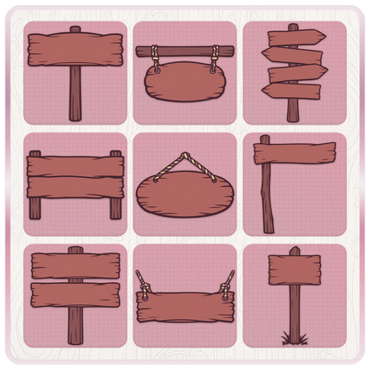 Rustic Wonderland wooden sign SVG bundle preview featuring blank signposts, hanging wooden plaques, arrow signs, double plank signs, and simple cut-friendly wood sign designs.