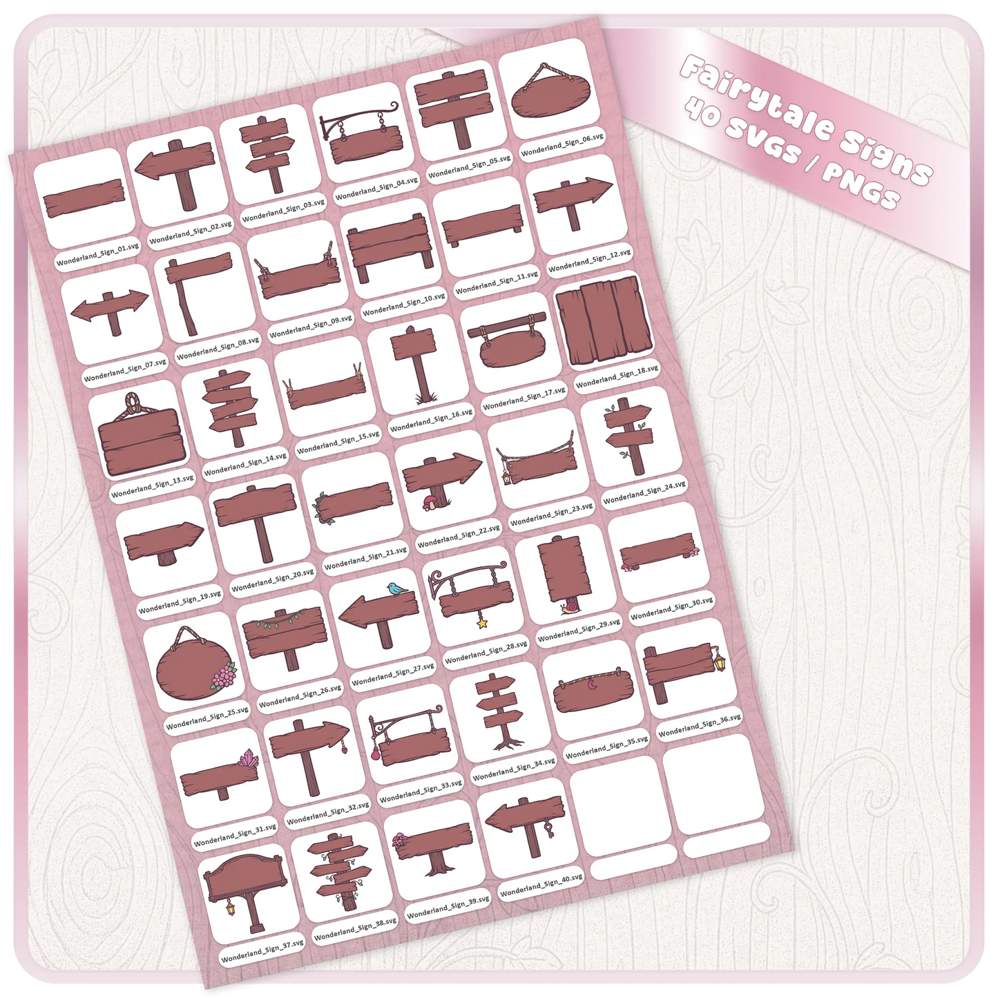 Fairytale Wonderland Signs SVG and PNG bundle sheet showing 40 pink wooden sign clipart designs for Cricut, Silhouette, sublimation, stickers, printables, and fantasy crafts.