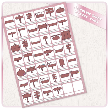Fairytale Wonderland Signs SVG and PNG bundle sheet showing 40 pink wooden sign clipart designs for Cricut, Silhouette, sublimation, stickers, printables, and fantasy crafts.