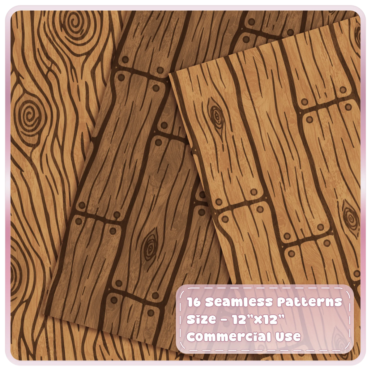 Fairytale wooden plank seamless patterns in light honey and dark brown with hand-drawn woodgrain details