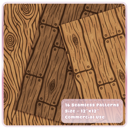 Fairytale wooden plank seamless patterns in light honey and dark brown with hand-drawn woodgrain details