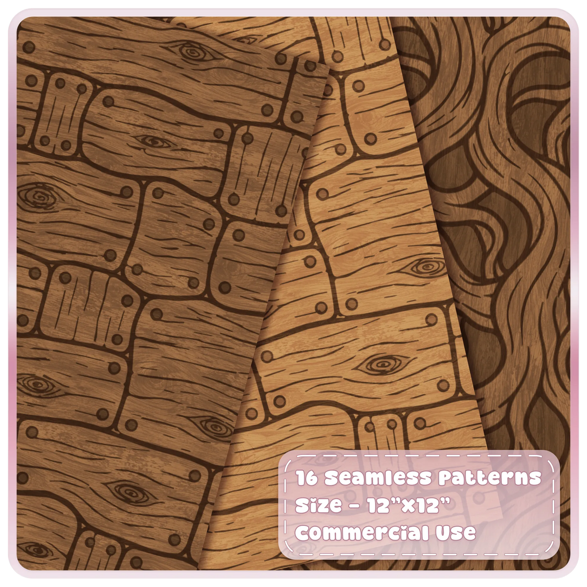 Rustic fairytale wood seamless papers featuring irregular wooden boards, knots and decorative grain patterns