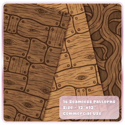 Rustic fairytale wood seamless papers featuring irregular wooden boards, knots and decorative grain patterns