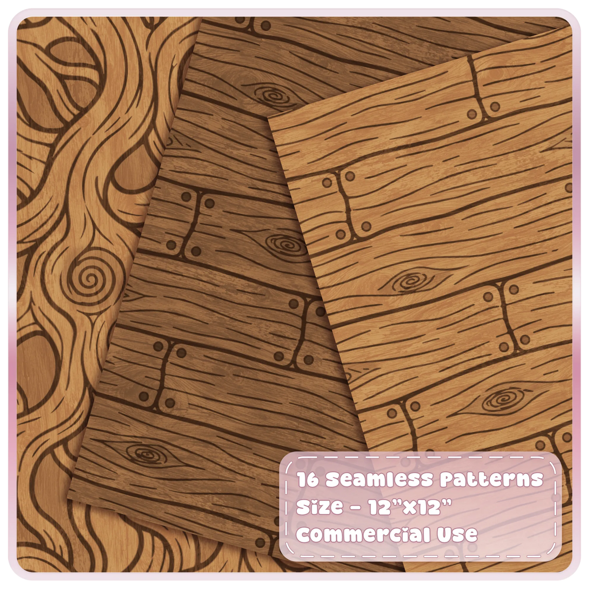 Warm brown seamless woodgrain patterns with swirling timber lines, knots and rustic woodland cottage textures