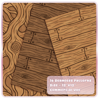 Warm brown seamless woodgrain patterns with swirling timber lines, knots and rustic woodland cottage textures