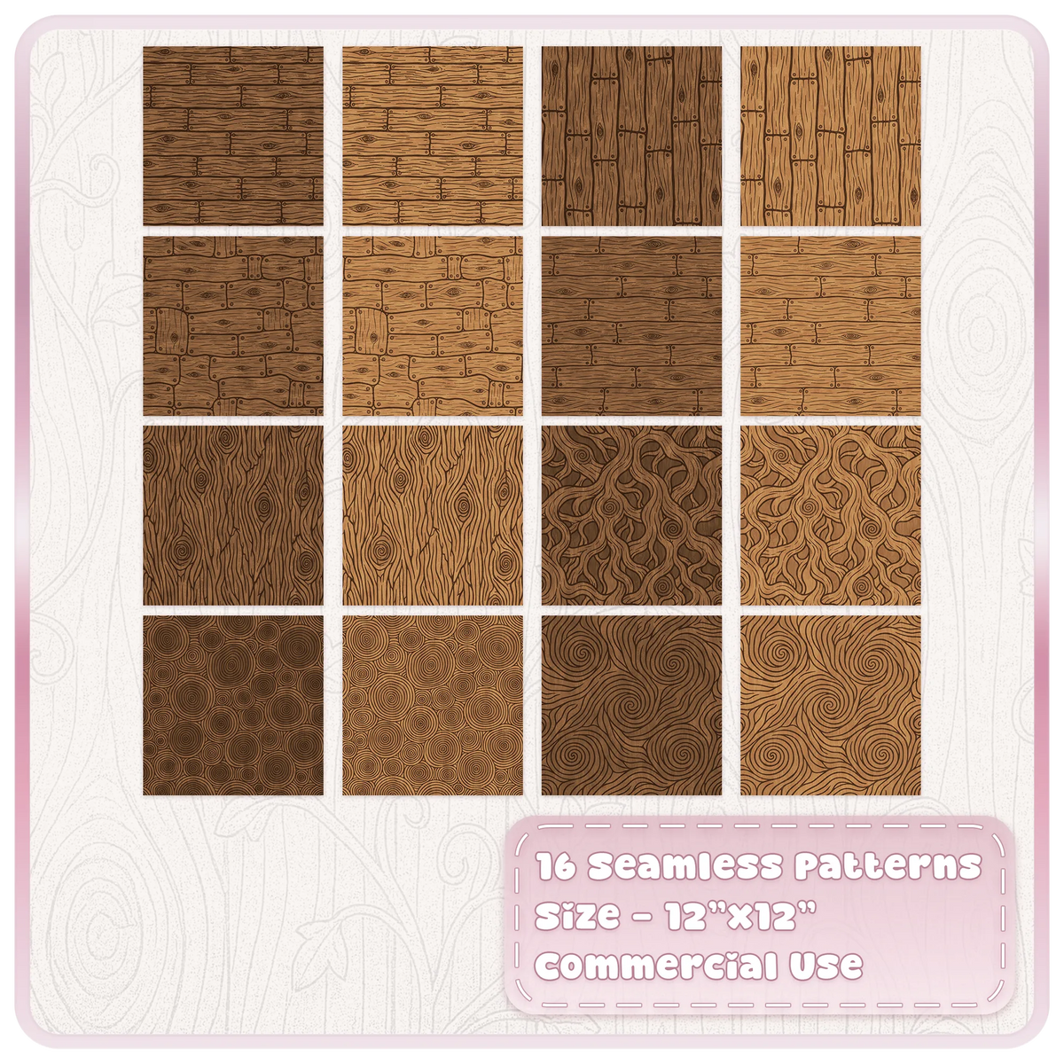 16 Woodland Cottage fairytale wood seamless patterns with planks, floorboards, woodgrain and tree-inspired designs