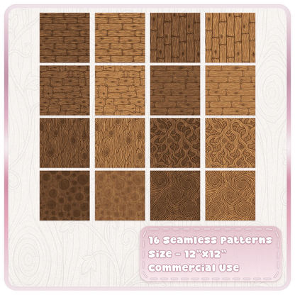 16 Woodland Cottage fairytale wood seamless patterns with planks, floorboards, woodgrain and tree-inspired designs