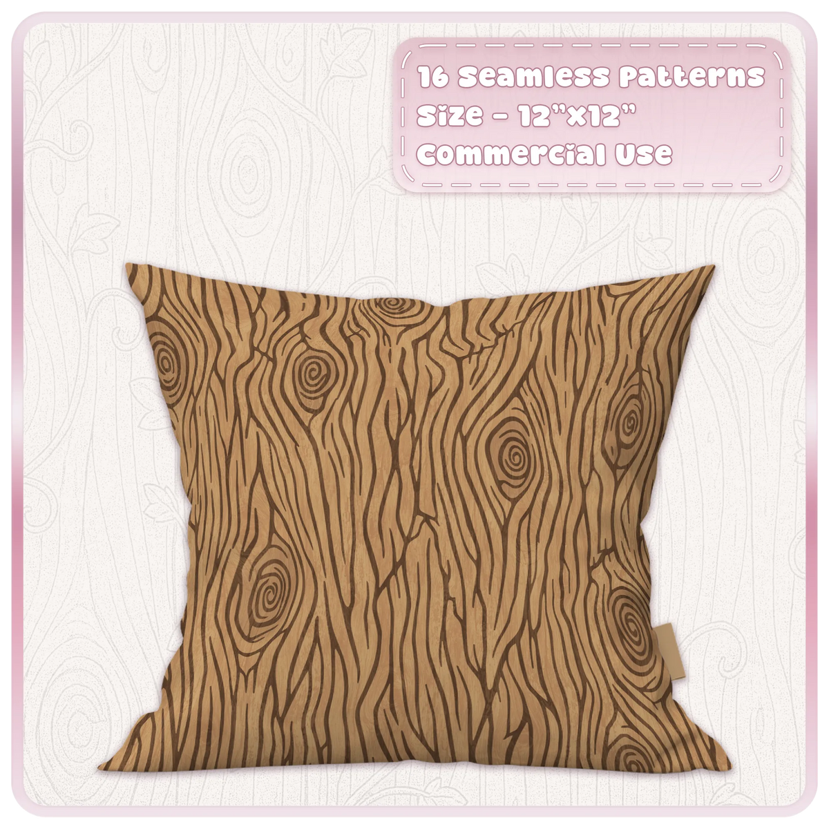 Warm honey brown seamless woodgrain pattern displayed on cushion with swirling knots and fairytale timber texture