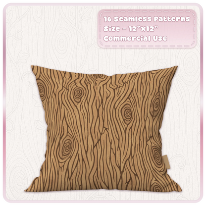 Warm honey brown seamless woodgrain pattern displayed on cushion with swirling knots and fairytale timber texture