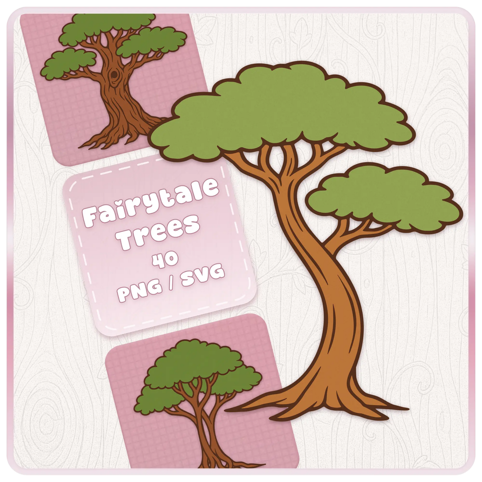 Fairytale Woodland Trees SVG and PNG clipart bundle cover featuring a large whimsical storybook tree with green foliage and brown trunk on a soft woodland background.