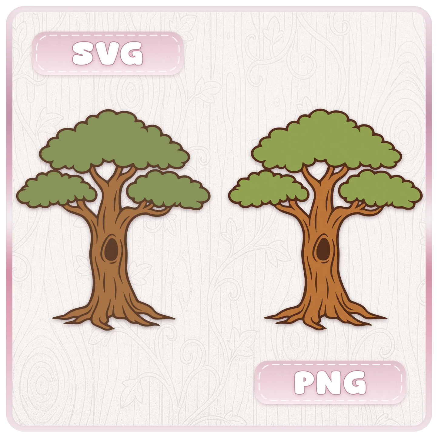 Preview of fairytale woodland tree SVG and PNG files showing two whimsical tree clipart designs with layered green leaves and brown trunks for Cricut crafts.