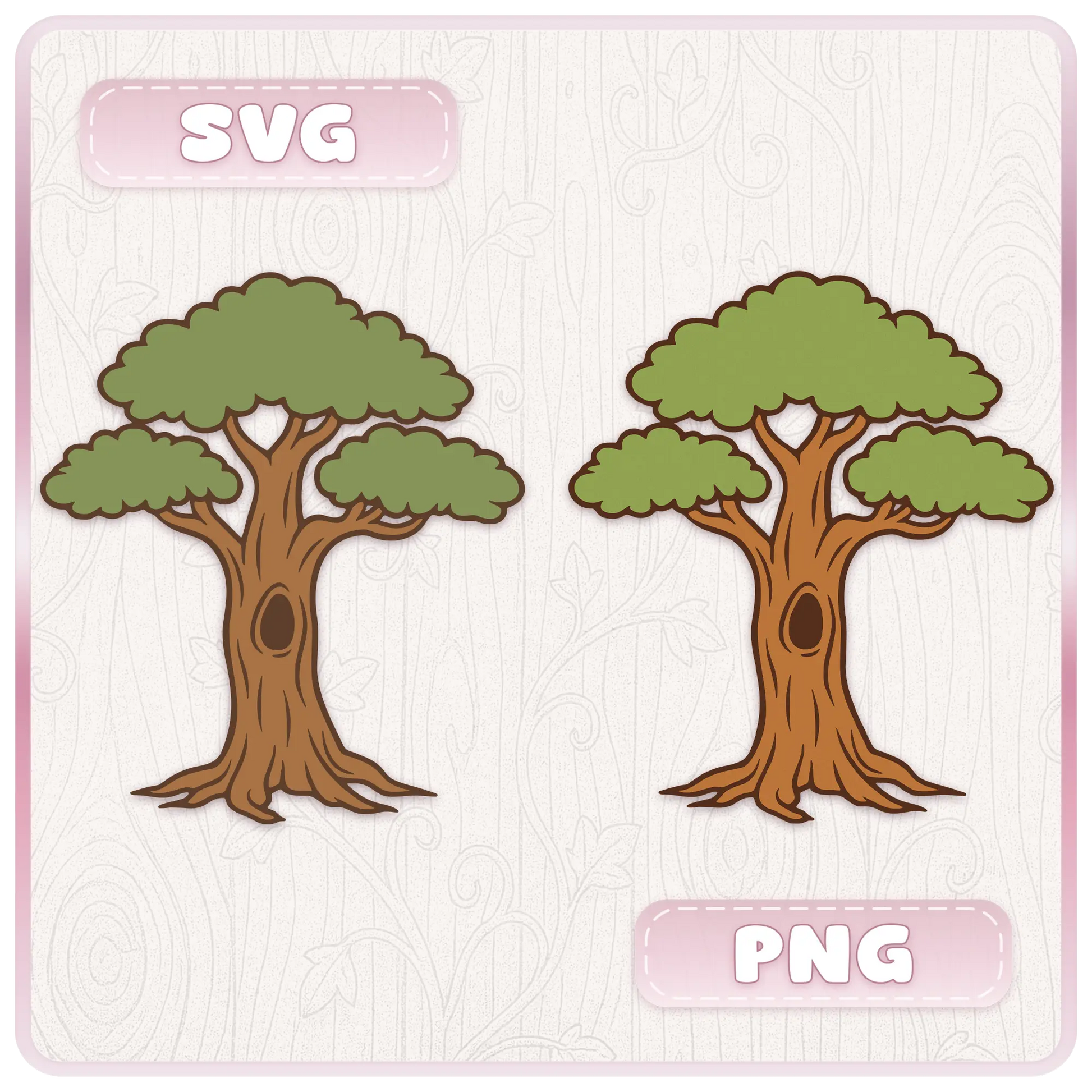Preview of fairytale woodland tree SVG and PNG files showing two whimsical tree clipart designs with layered green leaves and brown trunks for Cricut crafts.
