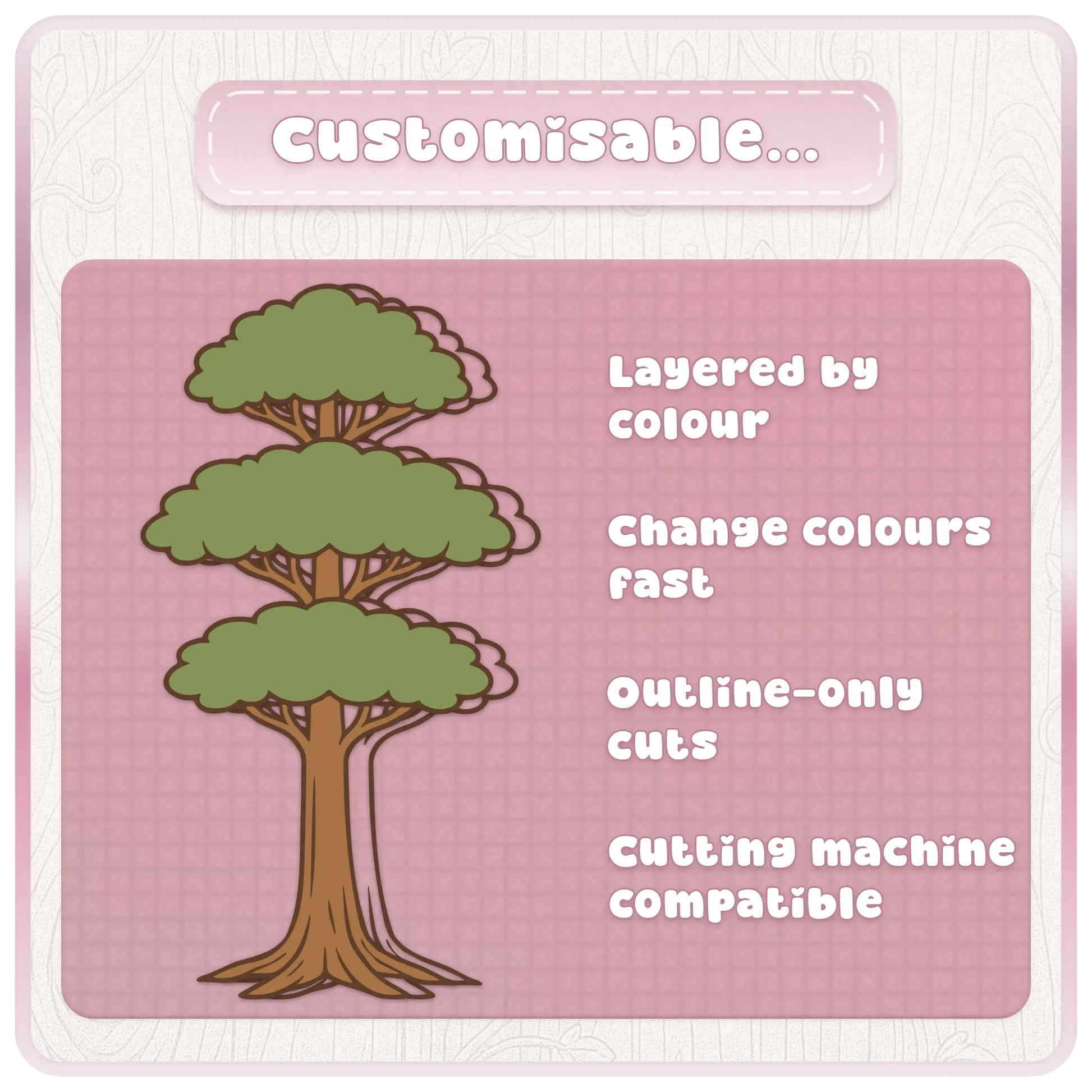 Customisable fairytale woodland tree SVG design preview with layered colours, outline-only cuts, and cutting machine compatible tree clipart.